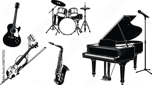 music, instrument, guitar, drum, piano, saxophone, violin, cello, microphone, silhouette, black, white, vector, sound, band, concert, jazz, classical, rock, icon