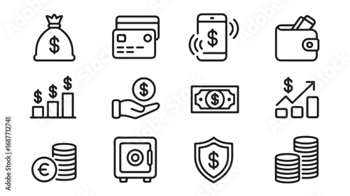 Finance icons money payments banking and investment line icons set