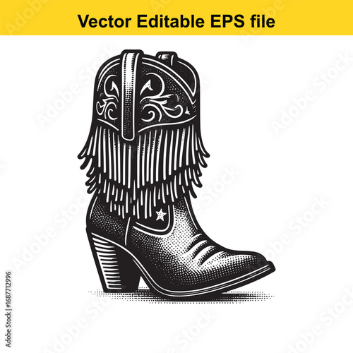  black and white illustration of a cowboy boot with fringe isolated on white background