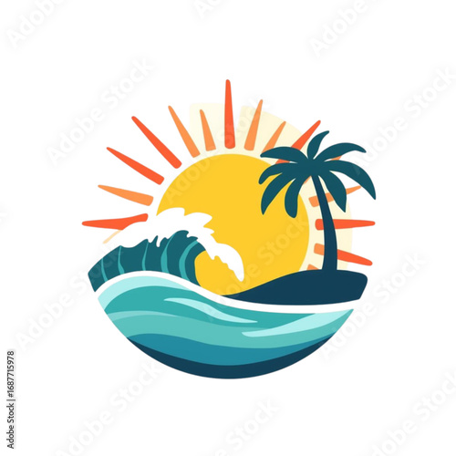 Summer beach holiday badge logo with sun and palm