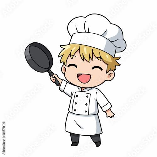 Joyful chef with pan celebrates culinary success in vibrant kitchen style
