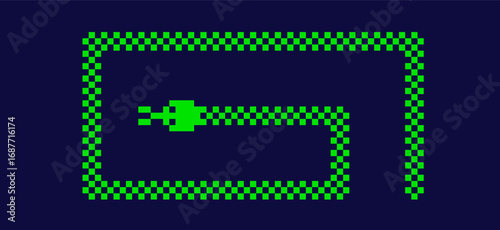 Pixel art green snake on blue background. Simple 8-bit Y2K element.