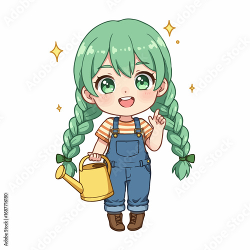 Cute anime gardener girl with watering can, happy and energetic