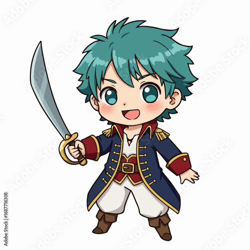 Adventurous anime boy pirate with sword ready for action and fun