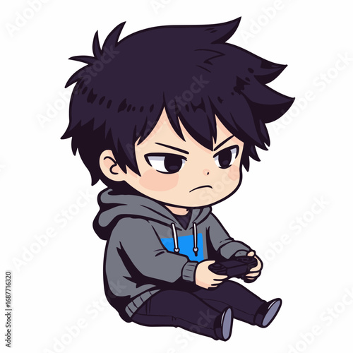 Chibi gamer with intense focus plays video games with controller in hand