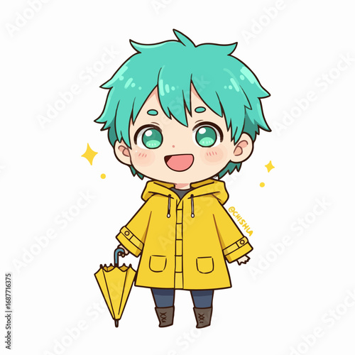 Adorable chibi boy in yellow raincoat holding umbrella, ready for fun