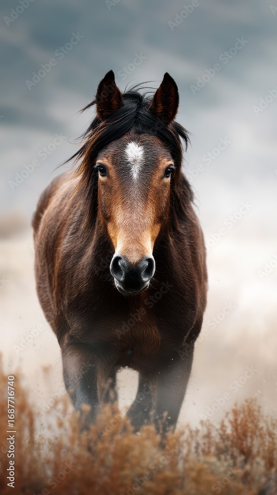 Obraz premium Majestic horse trotting through misty grasslands during early morning light in a serene landscape setting