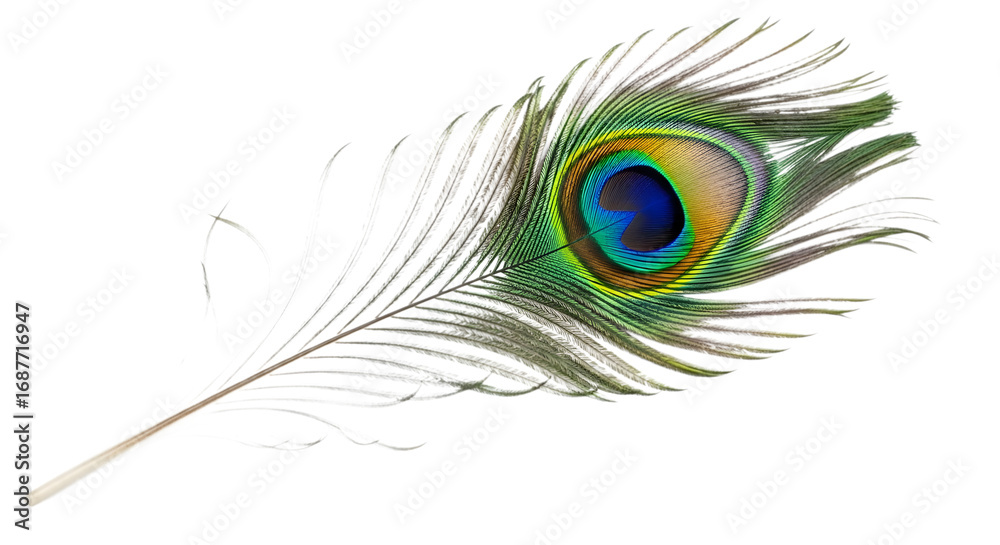 Obraz premium A single peacock feather with its distinctive eye pattern, isolated on a transparent background
