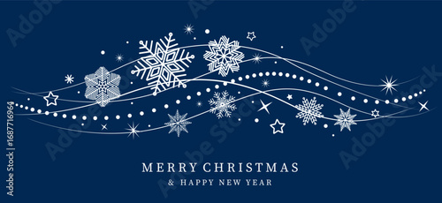 Christmas balls border isolated on a blue background. Christmas card with holidays decoration. Christmas snowflakes with stars border . Merry Christmas and Happy New Year background .