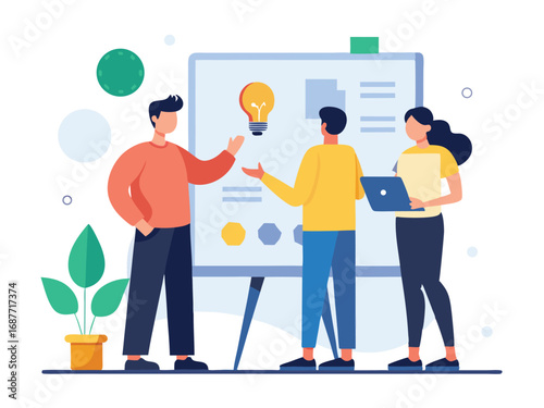 Team brainstorming with whiteboard and lightbulb illustration