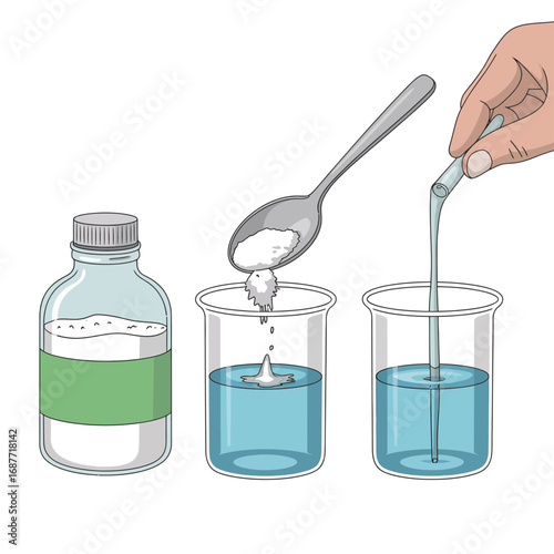 Chemical experiment with liquid and powder in beakers and bottle