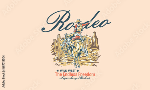 Vintage illustration of a rodeo cowboy on a bucking horse. Retro wild west artwork from the desert for t shirt print