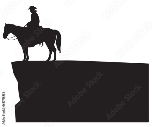 Cowboy on horseback silhouette vector illustration on cliff isolated