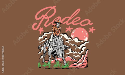 Vintage illustration of a rodeo cowboy riding a bull. Retro western artwork for t shirt print, event poster