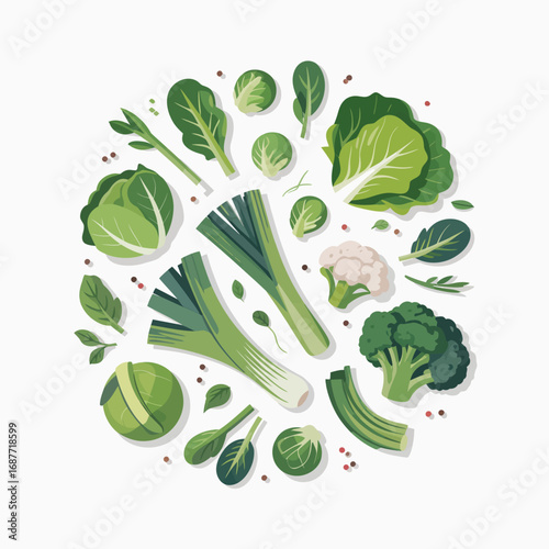 Assortment of fresh green vegetables arranged in a circle