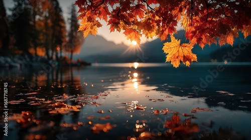 Fototapeta Naklejka Na Ścianę i Meble -  Autumn leaves reflect golden sunlight over a serene lake at sunset in a quiet mountain setting