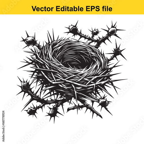  bird nest made of thorns, isolated on white background