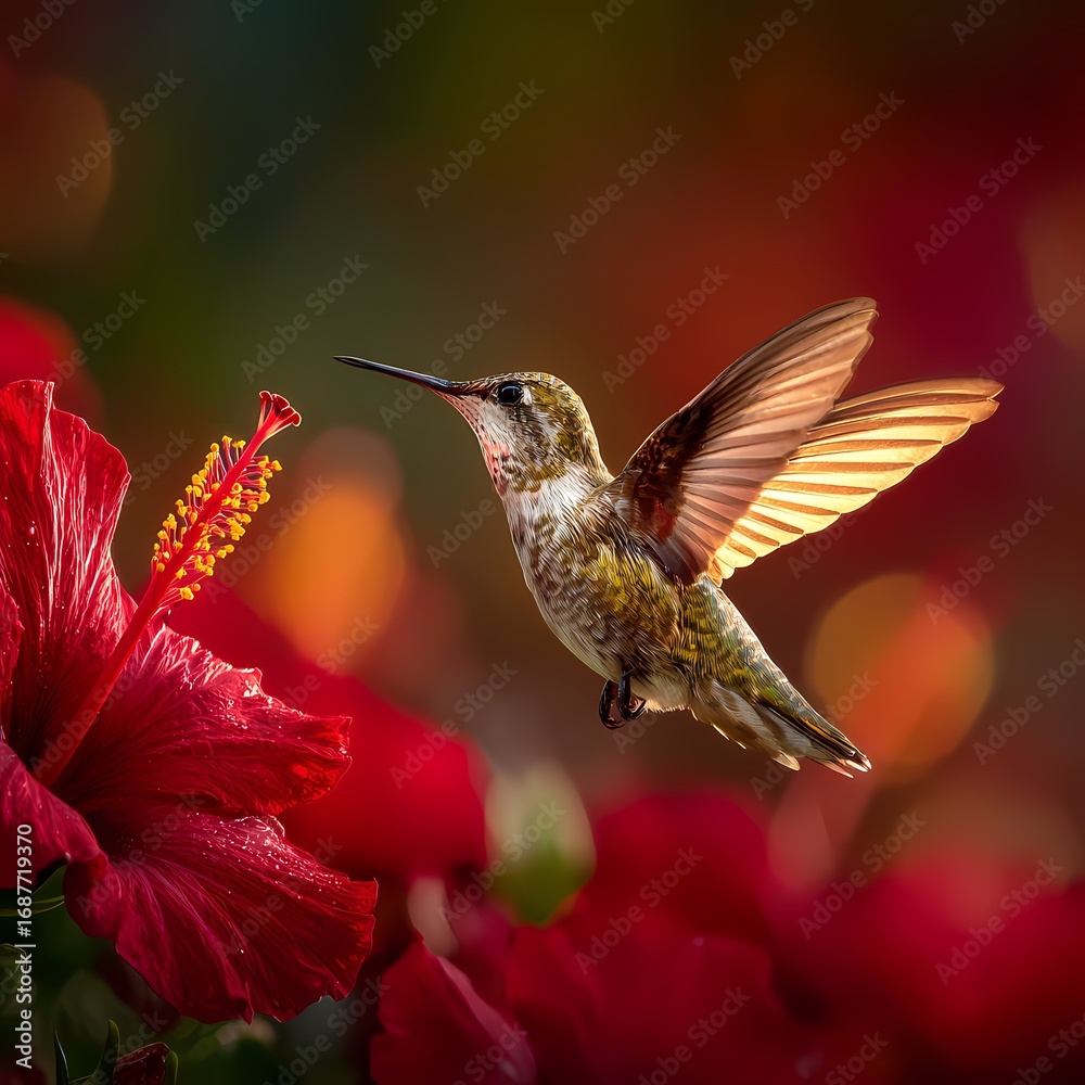 Obraz premium Hummingbird hovering over red hibiscus flower in vibrant garden light