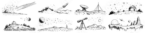 Space exploration landscape doodle set with telescope meteor and observatory