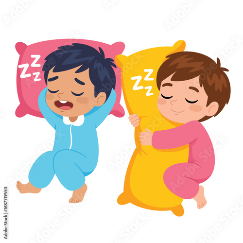 Two cute cartoon children sleeping soundly on colorful pillows