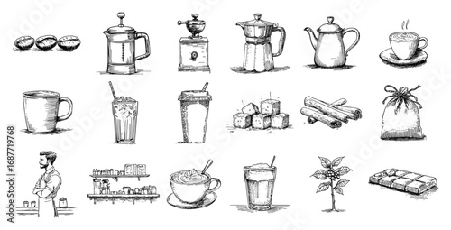 Coffee shop barista doodle icon set vector