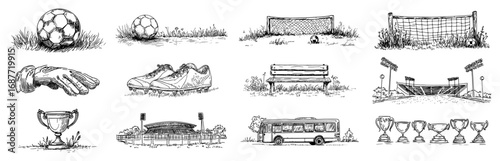 Soccer stadium and equipment doodle set with ball goal and trophy