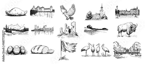 Travel landscapes architecture wildlife and food sketch collection set