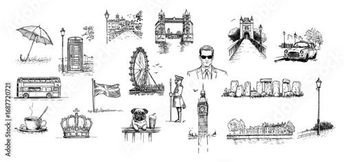 London landmarks doodle icon set vector
