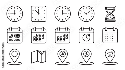 Time Management Icons Clocks, Calendars, and Location Pins - Vector Illustration