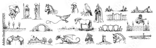 Medieval fantasy doodle icon set vector