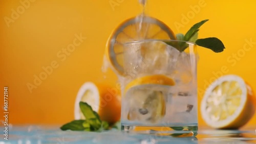 Refreshing citrus drink with lemon slice and mint leaves on yellow background seamless looping time-lapse 4k video background. Food and beverage concept
