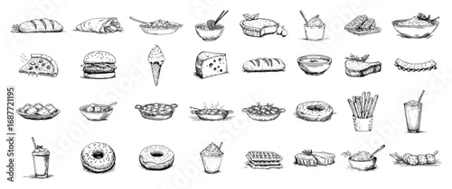 Bakery and fast food doodle icon set vector