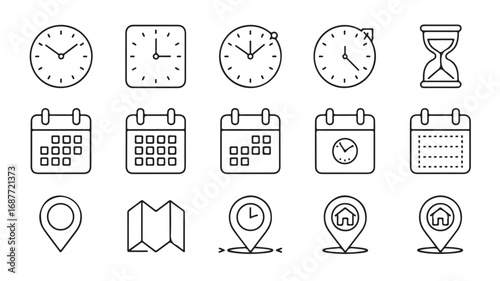 Time Management Icons Clocks, Calendars, and Location Pins - Line Art