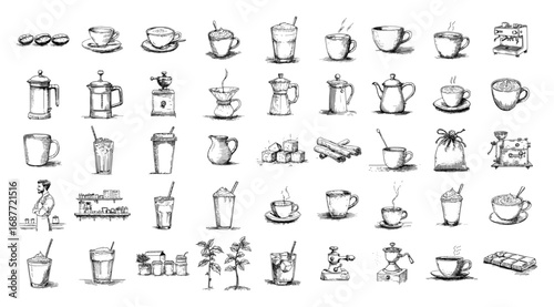 Hand drawn coffee and cafe elements icon set