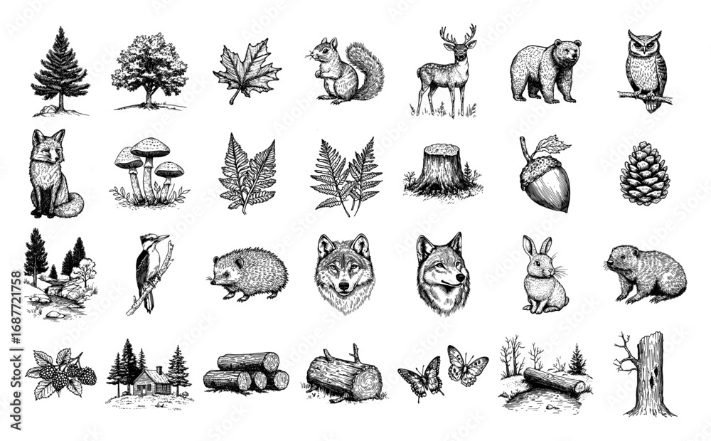 Naklejka premium Forest animals trees and plants sketch collection set