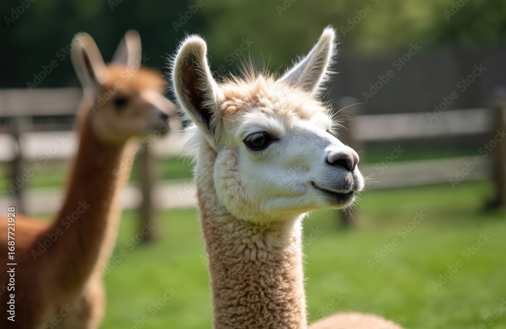 Obraz premium Llama portrait in grassy zoo enclosure, curious mammal with fluffy fur. Natural habitat, green field background, domestic animal, farm animal, petting zoo scene. Focus on peaceful llama looking