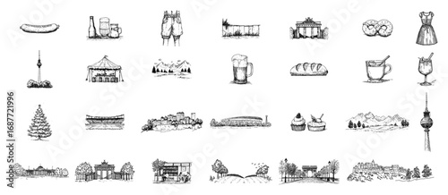 Berlin city landmark doodle set with Brandenburg Gate TV Tower and beer