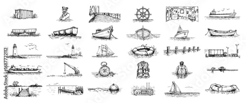 Harbor shipping doodle set with cargo ship lighthouse and crane