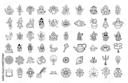 Hindu gods deities and religious symbols outline icon collection