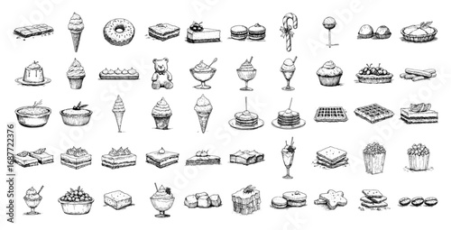 Desserts sweets and pastry hand drawn sketch icon collection