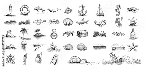 Nautical marine and sea adventure hand drawn icon collection