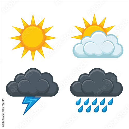 Set of four weather icons showing sun clouds lightning and rain
