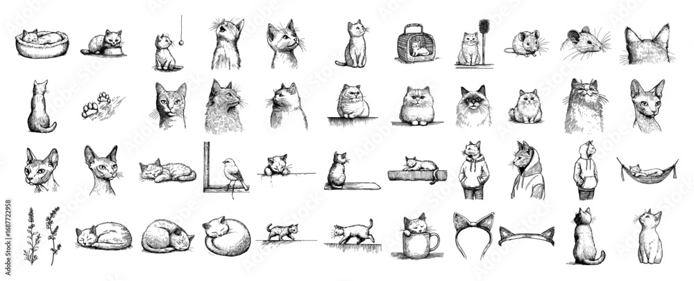 Obraz premium Cat poses faces and accessories doodle sketch collection set