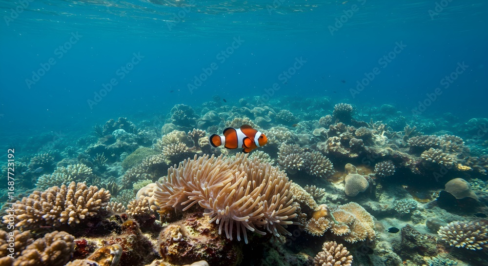 Fototapeta premium Underwater photo shows a clownfish swimming among coral and anemones in a tropical reef. Ocean life backdrop for nature and science presentations.