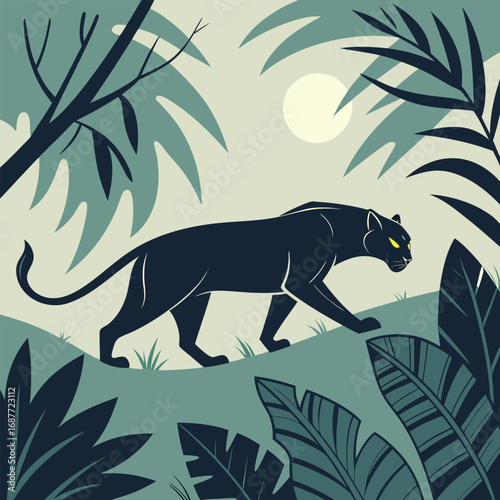 Black panther walking through lush jungle foliage at dusk