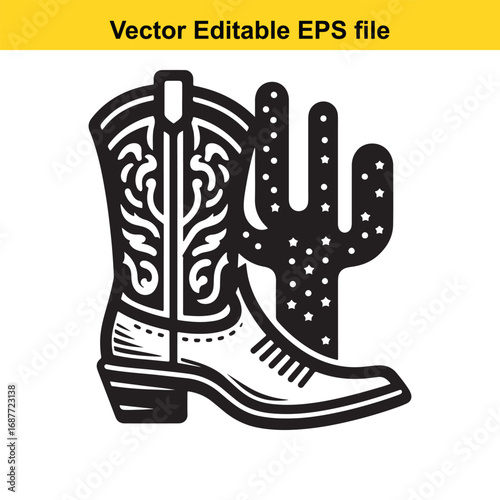  cowboy boot and saguaro cactus icon isolated on white background