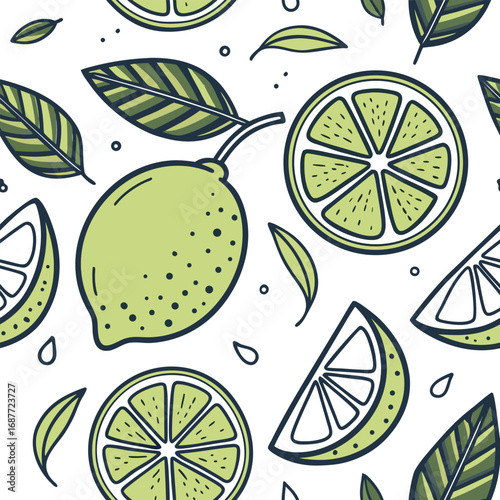 Seamless pattern of green limes and leaves citrus fruit