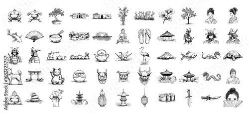 Japanese culture and travel vintage sketch icon collection