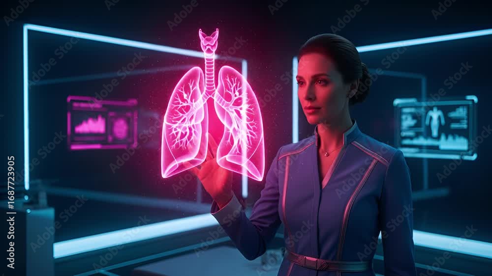 An elegant scientist in a futuristic laboratory analyzing a glowing ...