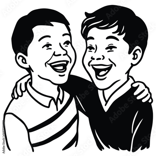 Two boys laughing with arms around each other friendship